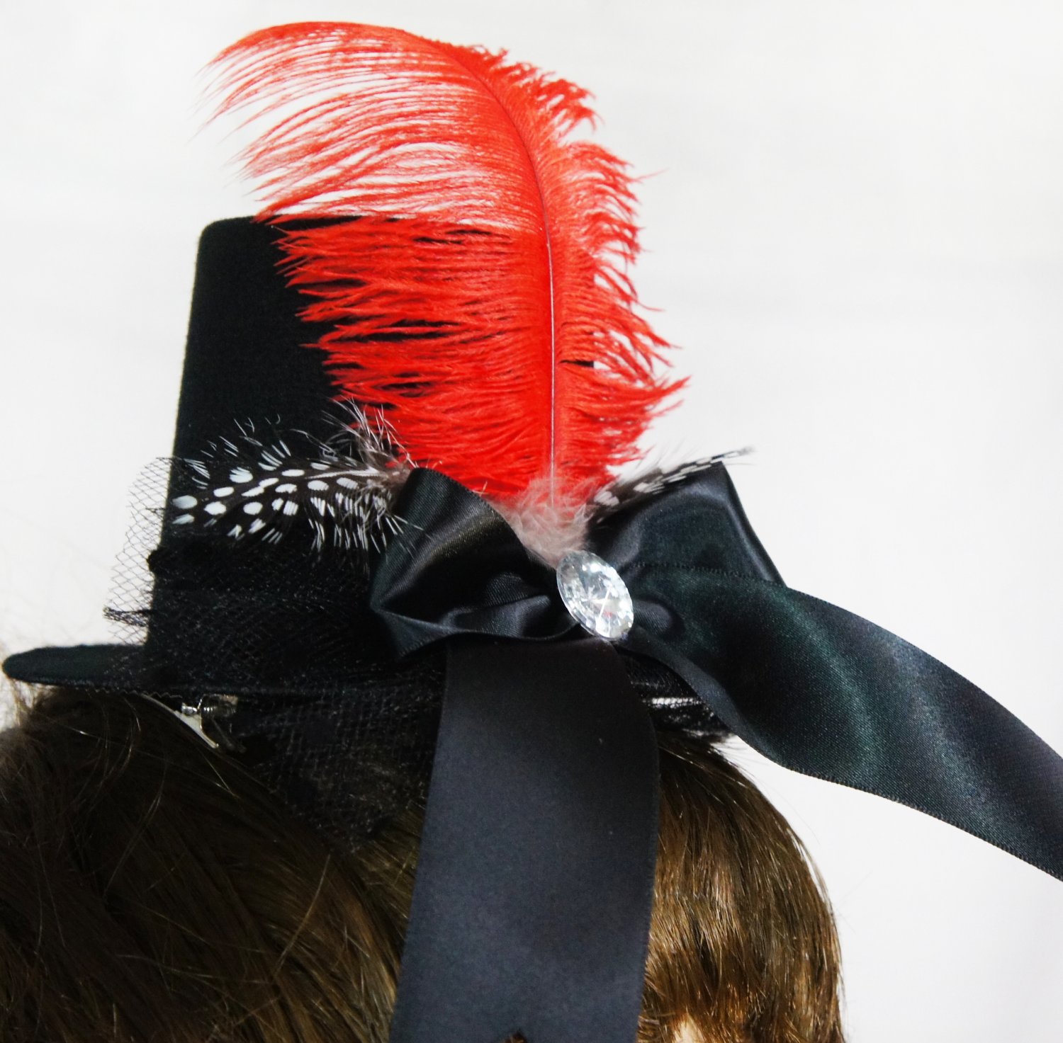 Black ClipOn Top Hat With Red Feather, Black Bow and Polka Dot