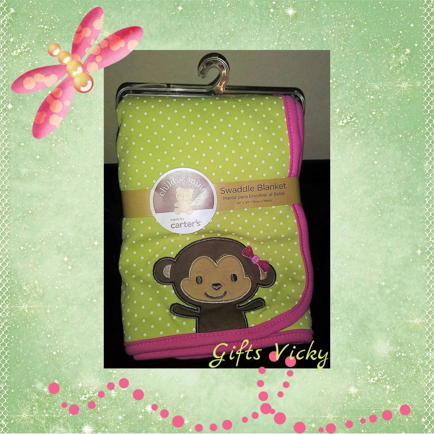 Carter's Child of Mine Swaddle Blanket Monkey Pink Green White Polka Dots