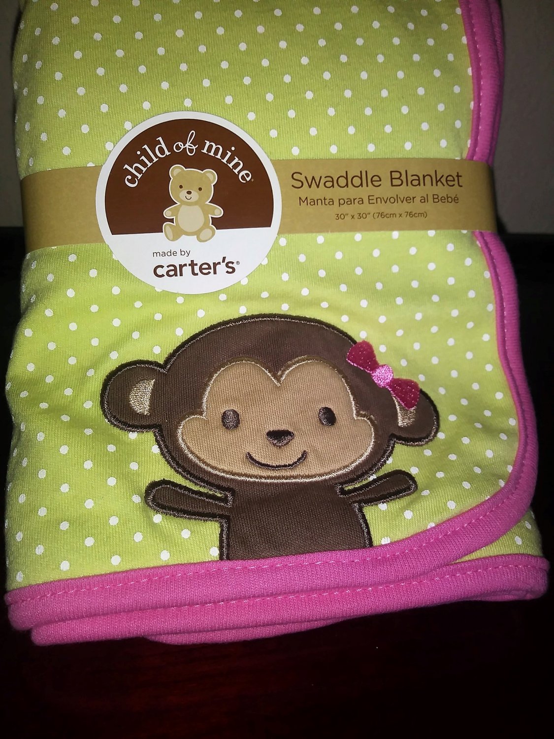 Carter's Child of Mine Swaddle Blanket Monkey Pink Green White Polka Dots