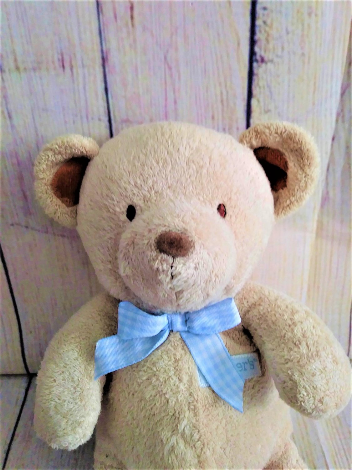 Carter S Just One Year Light Brown Gingham Ribbon Bow Bear Rattle Plush