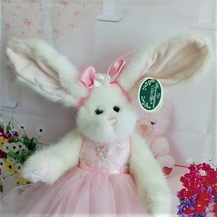 The Bearington Collection White Plush Rabbit Pink Dress 