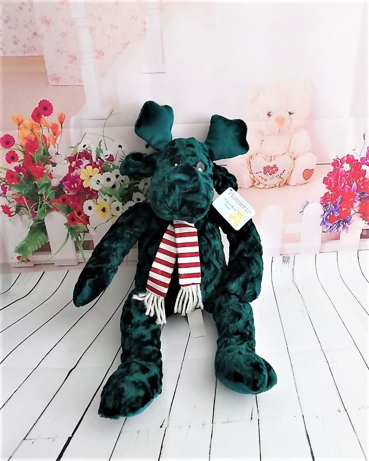 Stuffed Green Moose with Scarf Around his Neck, by Plushtic