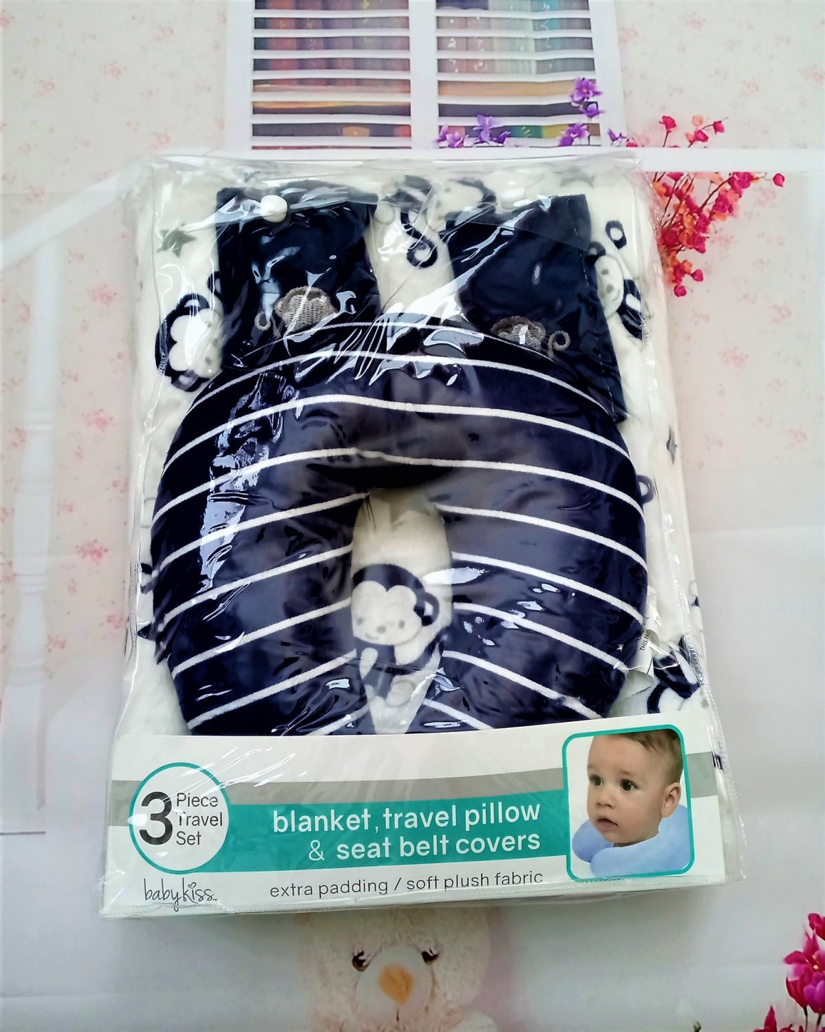 Baby Kiss 3-Piece Blanket, Travel Pillow, Seat Belt Cover Set, Blue Striped and Monkey Print