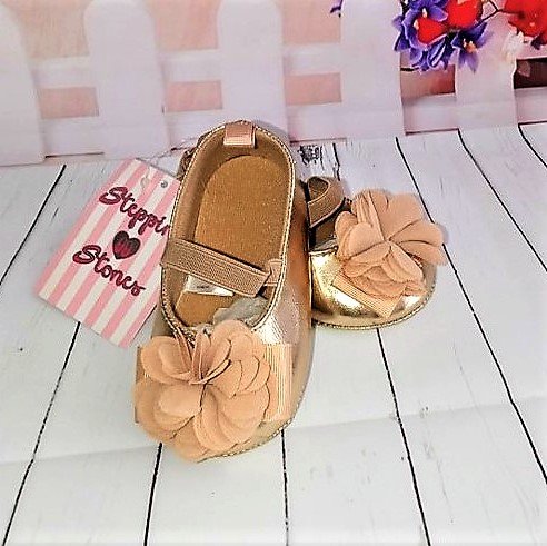 Stepping Stones - Baby Girl Gold Mary Jane Shoes with Beige Tulle Rosette,  9-12 months