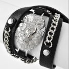 Silver/leather lionhead bracelet
