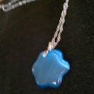 Blue Flower Cats Eye Glass Pendant on Silver Chain Necklace