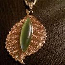Gold Foil Leaf and Green Glass Cats Eye Necklace 18kt Gold Plated Chain