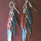 Pretty Enameled Red and Blue Feather Lever Back Earrings