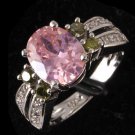 BeautifuNEW Gorgeous Oval Pink/White Topaz/Peridot Silver Ring Size 6