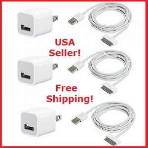 3X USB USA AC Power Adapter Wall Charger Plug + SYNC Cable iPod iPhone 3GS 4 4S
