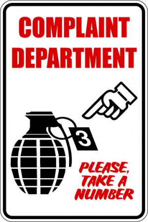 9"x12" MISC16 Complaint dept Aluminum Novelty Parking sign for indoor or outdoor use.