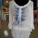 Shiloh 770 Woman Floral Top/Blouse White & Blue Pull-Over Scoop Neck Retail Price $68.00 NEW