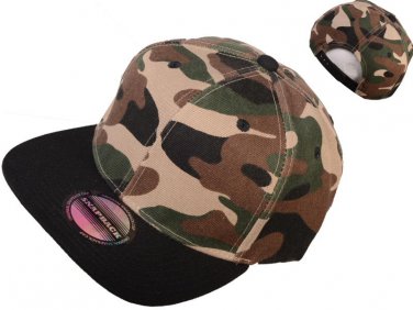 Flat Bill Blank/Plain Snapback Hats w/ Green Underbill (Two Tone, Green Camo/Black)