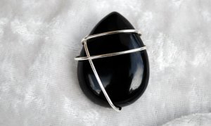 Wire wrapped Jet Teardrop Pendant
