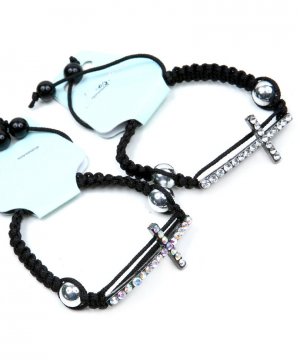 BLACK CROSS WITH RHINESTONE WEAVED CORD BRACELET
