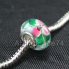 1 piece 925 Sterling MURANO Green BEAD PINK FLOWER European Bead Charm C11