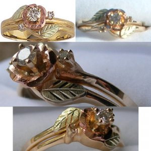 Black Hills Gold Ring Ladies Wedding Set Diamond .14 & Rose