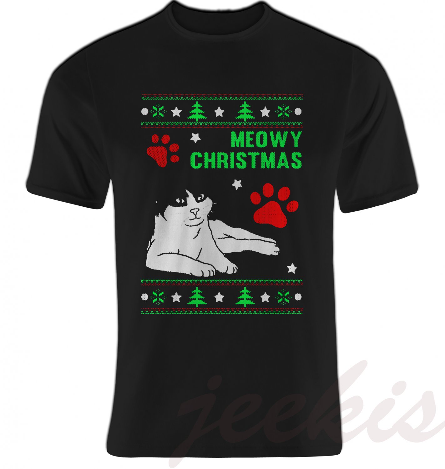 Ugly Meowy Christmas T-Shirts Cute Cat Lovers Tee Shirt Black Size S-5XL New