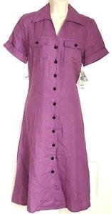 Charter Club Long Button Front Linen Dress Camp Shirt Purple 10 NWT $69 Short Sl