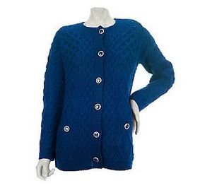 Aran Crafts Merino Wool Cable Cardigan Blue S M Fisherman Ireland Irish NEW Warm