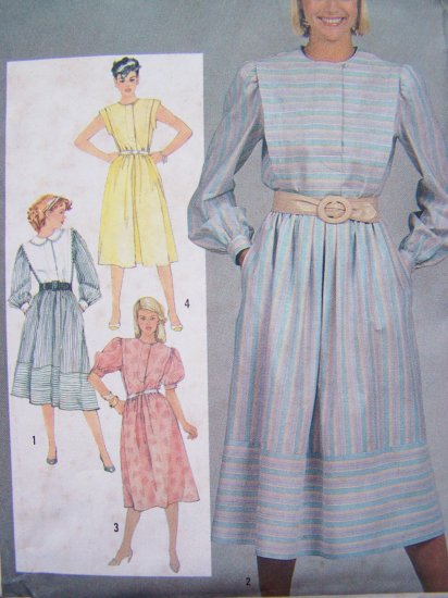 80's Dress Vintage Sewing Pattern Puffed Sleeve Flange Tuck Jewel Neck Sz 14 Simplicity 6243
