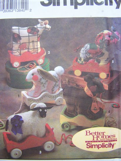 Decorative Pull Toy Sewing Pattern Bunny Cow Sheep Bear Elephant Wood Wagon Simplicity 8328