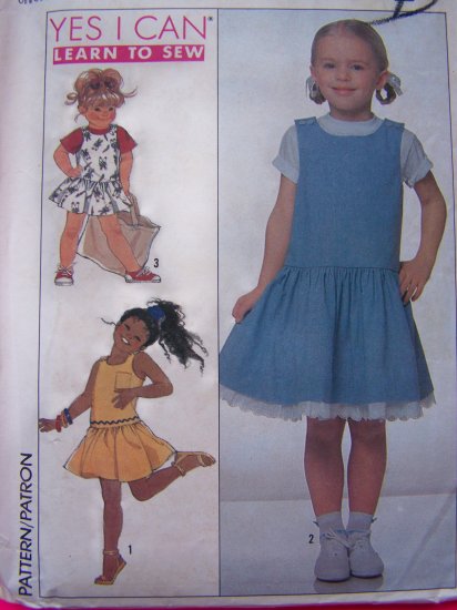 80's Vintage Sewing Pattern Girls 3 4 5 Jumper Dress Drop Waist Sundress Rick Rack Eyelet Trim 9271