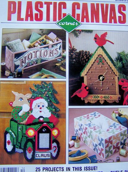 Plastic Canvas Corner Pattern Magazine Christmas Dec 1990 Bird House Clock Stained Glass Ornaments