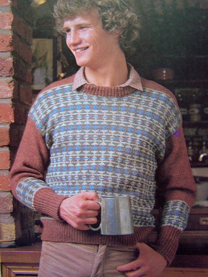 Mens 1980's Crew Neck Fair Isle Sweater Vintage Knitting Pattern Chest ...