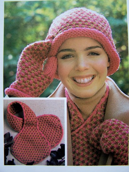 High Style Cap Scarf Mitten Set Tweed Look Vintage Knitting Pattern Crochet Quick & Easy