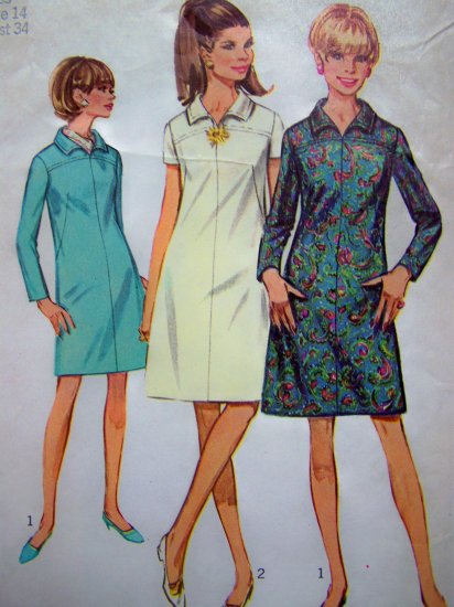 1960's A Line Dress Bias Collar Short & Long Sleeves Sz 14 B 34 Vintage Sewing Pattern 7289