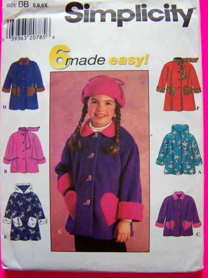Girls A Line Hoodie Jacket Coat Scarf Collar Heart Patch Pockets Sz 5 6 6x Sewing Pattern 7822 Uncut