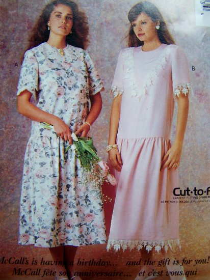 1980's Dress Dropped Waist Gathered Skirt 10 12 14 Lace Trim Variations Vintage Sewing Pattern P970