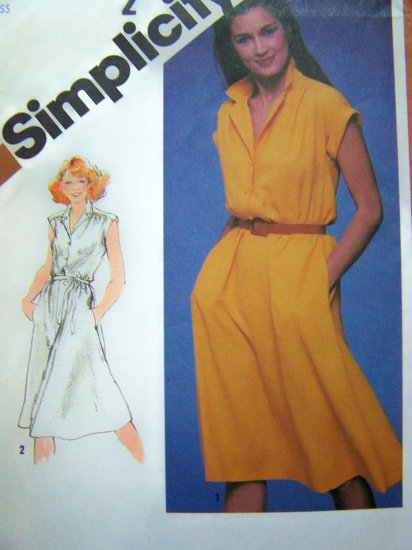 80's Vintage Sewing Pattern Dress Sz 10 Shirtwaist Elastic Waist Turn Back Cap Sleeve Cuff 5122
