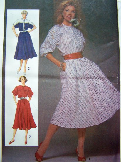 1980's Vintage Sewing Pattern Dress Dolman Sleeves B 32.5 Misses Sz 8 Bias Flared Skirt 6740