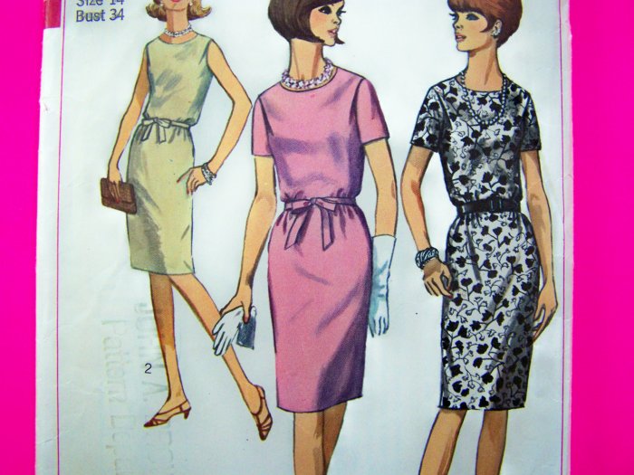 60s Vintage Mod 1 Piece Shirt Dress Blouson Bodice Belt B 34 Sz 14 Sewing Pattern 6458