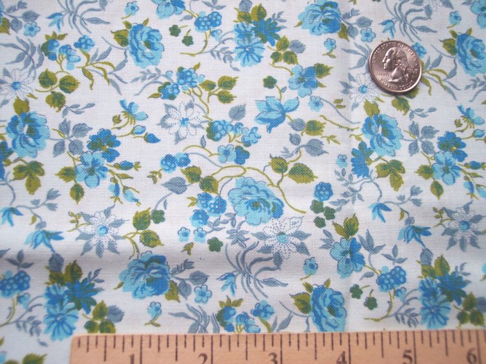 Vintage Cotton Fabric Blue Rose Floral Retro Cottage Roses Material