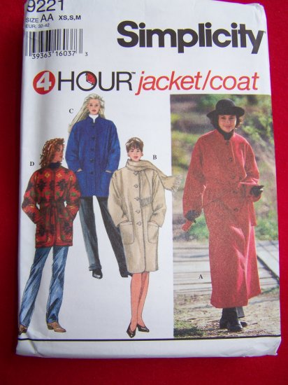 4 Hour Coat Jacket Hip Knee Long Maxi Length Wrap or Button XS S M Sewing Pattern 9221