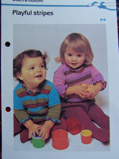 Vintage Crochet Pattern Playful Stripes Sweater Frilly Neck and Sleeve Edge