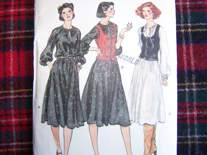 Vintage Vogue Sewing Pattern Sz 14 Pullover Dress Full SKirt Vest 9871