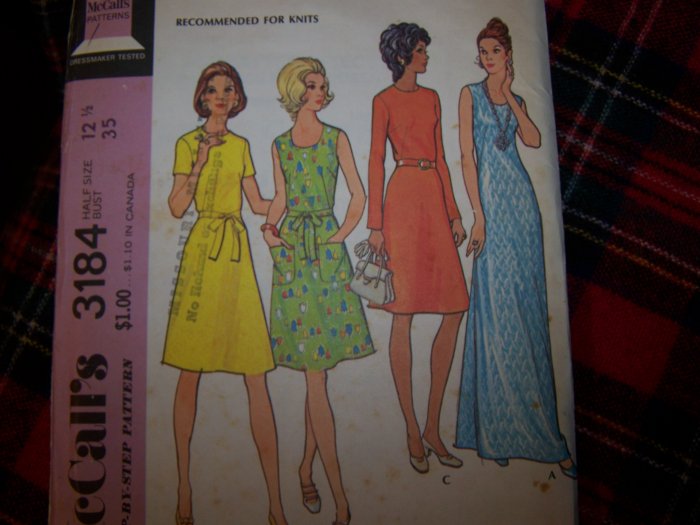70's Simplicity Sewing Pattern 3184 Sz 12 1/2 Two Length Dress Maxi Gown
