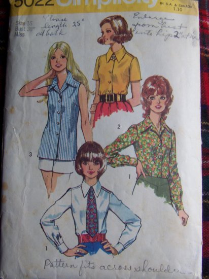 USA 1 Cent S&H 70's Vintage Sewing Pattern 5022 Misses 16 Set of Blouses Shirts Patterns