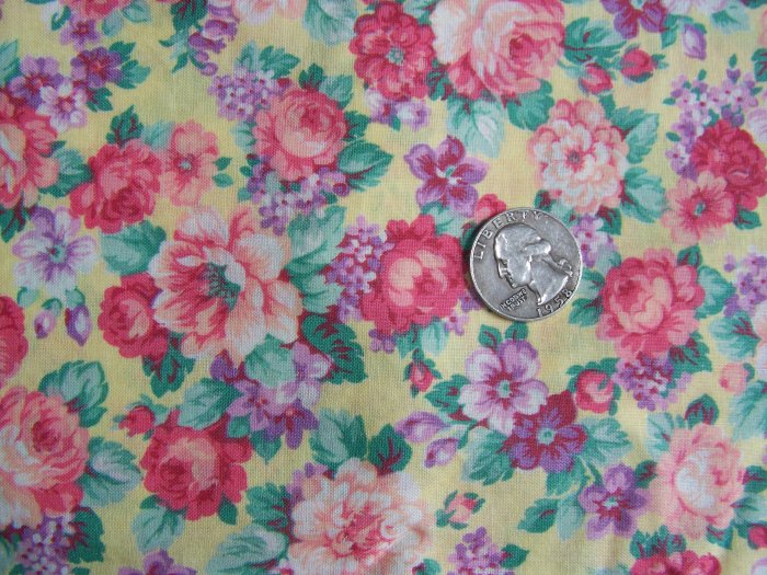 Vintage Cotton Fabric Quilting Pink Roses On Yellow Ground Joan Kessler