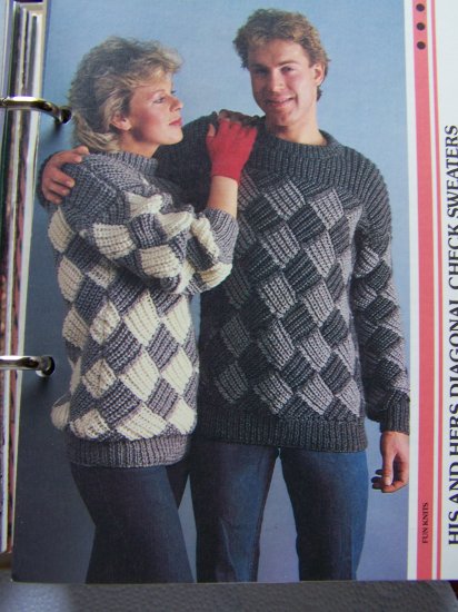 US 1 Cent S&H 80's Vintage His Hers Diagonal Check Sweaters Knitting Patterns