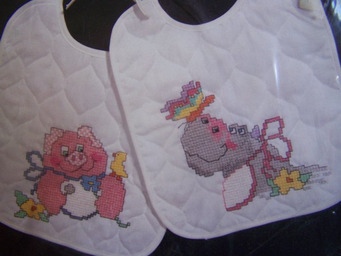 Vintage Janlynn Printed Cross Stitch 2 Quilted Baby Bibs Craft Kit Pig