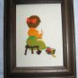 60's Vintage Needlepoint Art Embroidery Picture Girl Sitting on Stool Wood Frame