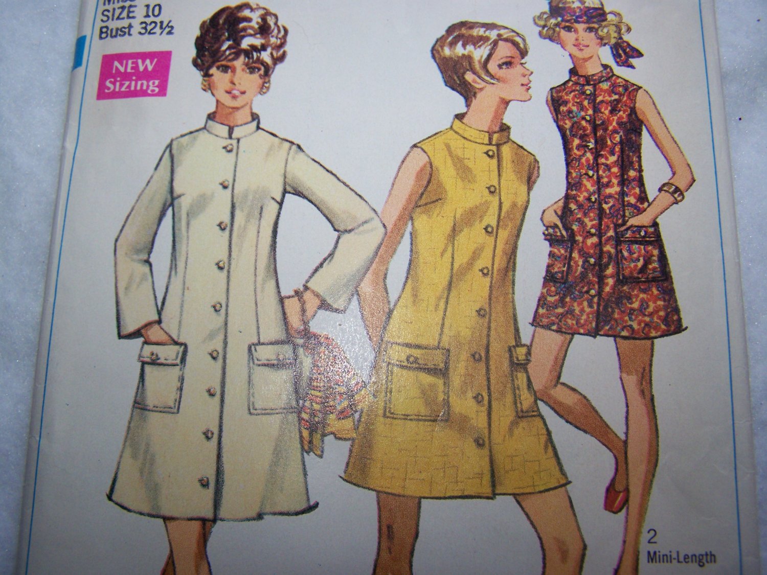60's Misses Vintage Sewing Pattern 8077 Coat Dress Mandarin Collar Mini & Regular Length XS S