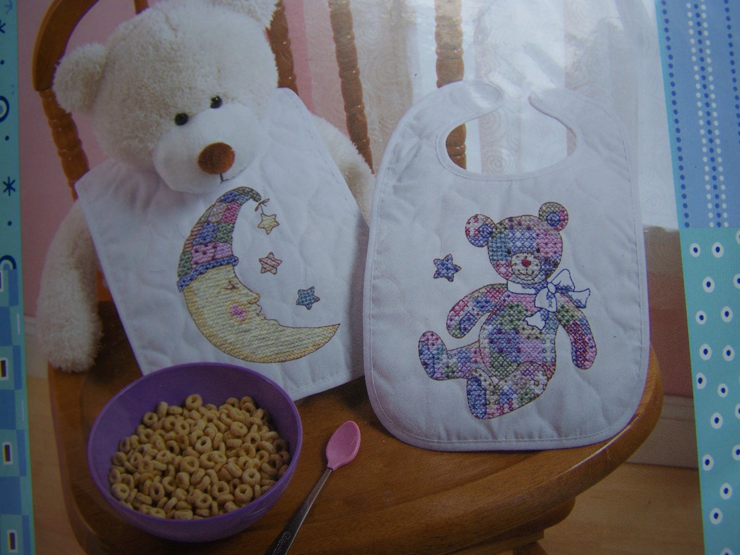 USA Free S&H New Bucilla Stamped Cross Stitch Craft Kit 2 Baby Bibs Pre Quilted Fabric
