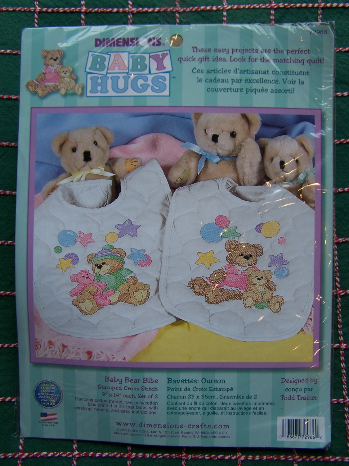 S&H USA Free New Stamped Cross Stitch Quilted Bear Baby Bibs Craft Kit