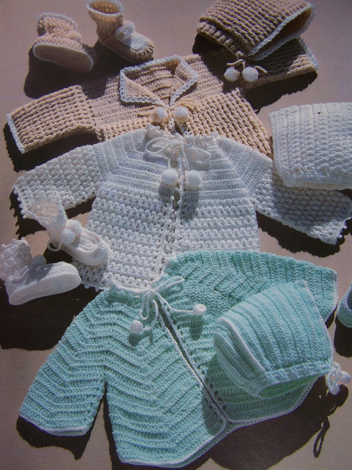 New 1980's Vintage Crochet Patterns 6 Layette Sets Baby Sweaters ...
